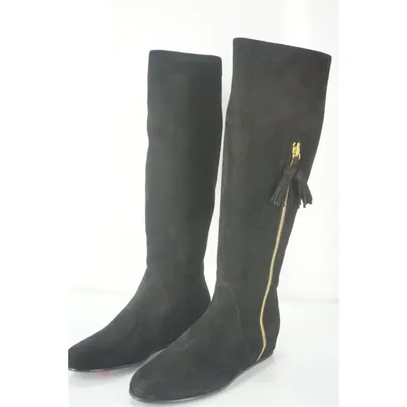 Stuart Weitzman Tass black suede wedge Tall boots size 6.5 New $635 gold zip
